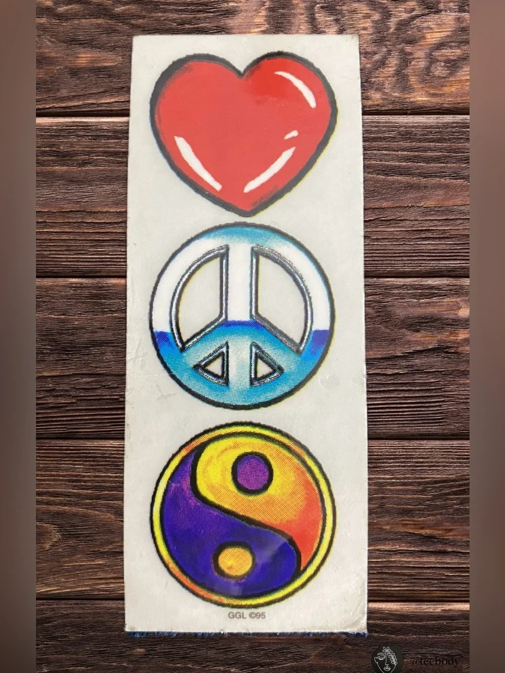 Vintage 1995 GGL 95 Prism Holographic Sticker Heart Peace Yin Yang Deadstock